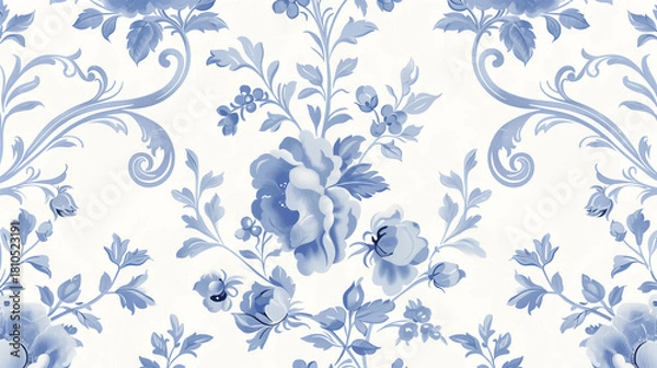 Obraz Seamless vintage toile pattern with blue roses and elegant floral vines on white background