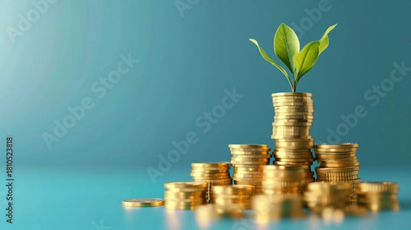 Obraz Single green plant sprouting from stacked golden coins on minimalist blue background