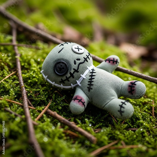 Obraz Macro plush toy zombie stitched wounds mossy forest floor