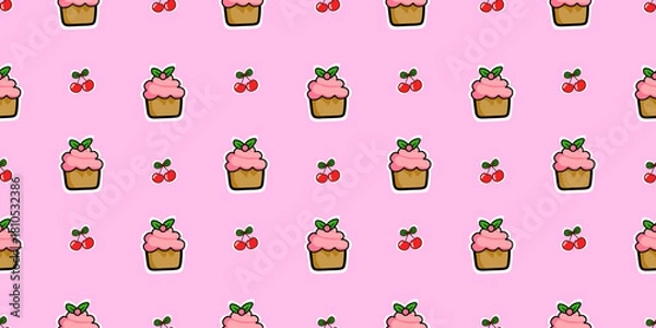 Obraz Cute seamless vector pattern with cupcakes and cherries in a dessert theme design.