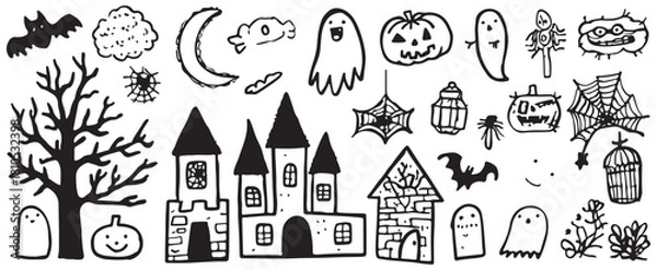 Obraz Set of cute Halloween doodle clip art, vector lines, simple shapes, icons for coloring book, vector line drawings of spooky Halloween characters and objects such as ghost letters, mummy face mask, pum