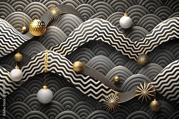 Obraz Elegant Black and Gold New Year Festive Decoration Abstract Background with Ornamental Baubles Stripes Stars and Waves Celebrating Holiday Greeting Card Design on Unique Backdrop