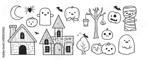 Obraz Set of cute Halloween doodle clip art, vector lines, simple shapes, icons for coloring book, vector line drawings of spooky Halloween characters and objects such as ghost letters, mummy face mask, pum