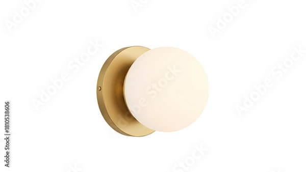 Fototapeta Modern round wall sconce with brass base and white spherical diffuser, isolated on transparent background 
