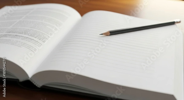 Fototapeta Professional close-up of an open book with a pencil resting on blank lined pages, ready for writing, representing learning and educational opportunities.