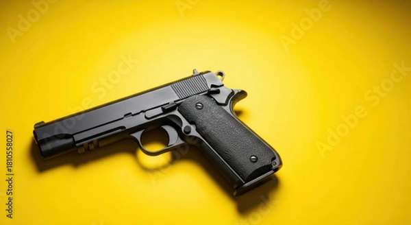 Fototapeta Stunning professional stock image featuring a classic black handgun artfully contrasted against a bright yellow backdrop with ample negative space.