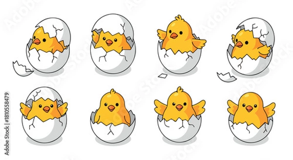 Obraz Baby chicks hatching from eggs with transparent background