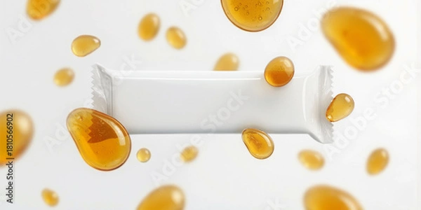 Fototapeta White cereal bar packaging with honey drops floating on white background