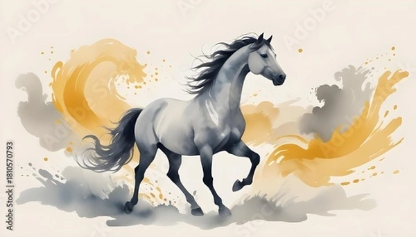 Fototapeta A silhouette of a fiery horse in mid-gallop, surrounded by auspicious clouds and red lanterns, symbolizing the Year of the Horse