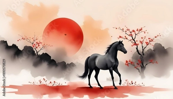 Fototapeta An ink painting of a horse in a field, highlighted by red and gold elements, celebrating the Chinese New Year and the Horse Zodiac