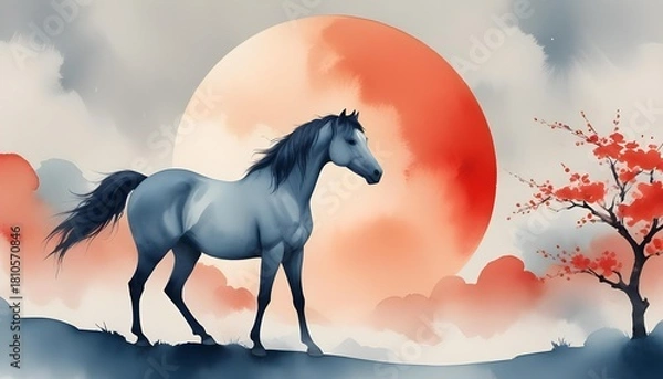 Fototapeta A minimalist painting of a horse in a field, featuring red and gold tones, symbolizing the Year of the Horse in Chinese culture