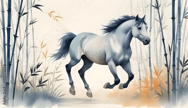 Fototapeta An artistic representation of a horse in motion among bamboo, featuring red and gold elements, symbolizing the Year of the Horse