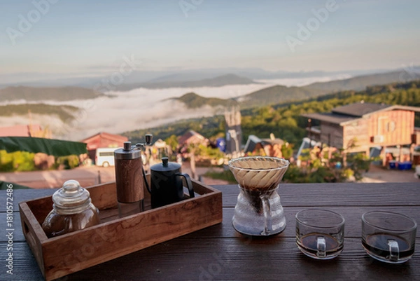 Fototapeta Coffee Cup on Table with Mountain View