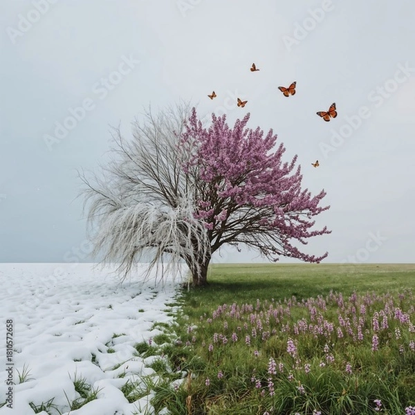 Obraz Winter Spring Transition Tree With Butterflies