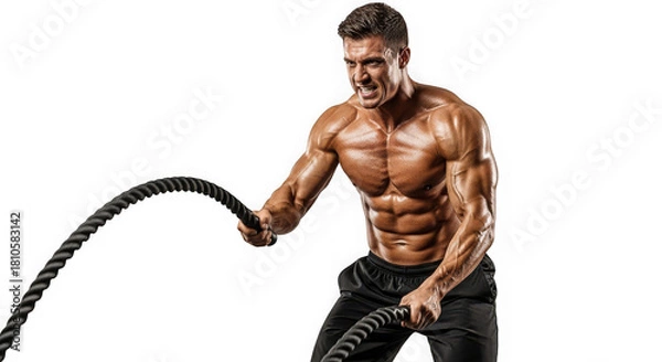 Fototapeta Muscular man training with battle ropes isolated on transparent background