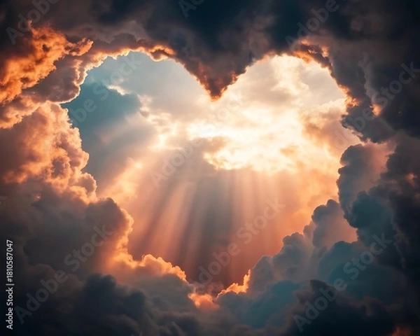 Obraz Dramatic sky forming heart shape with sunrays