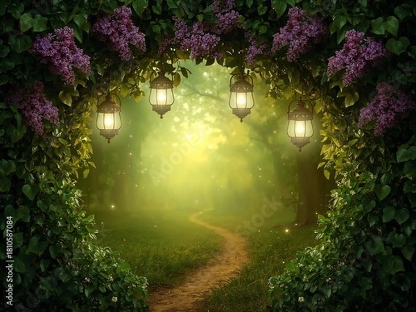 Obraz Enchanted Forest Path with Lilac and Lanterns