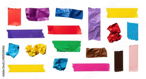 Fototapeta Collection of colorful crumpled tape pieces isolated on transparent background, close up