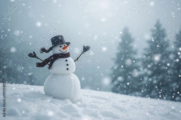 Obraz Happy Snowman in Snowy Winter Landscape