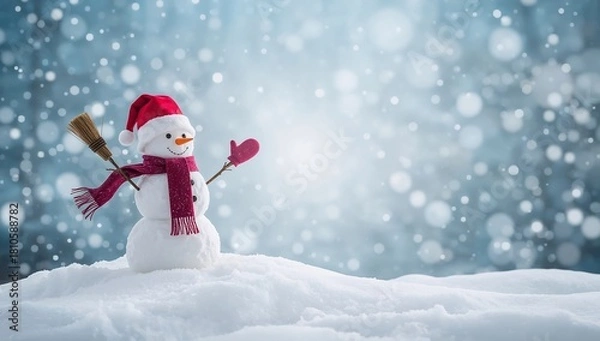 Obraz Happy snowman with broom in winter snowfall