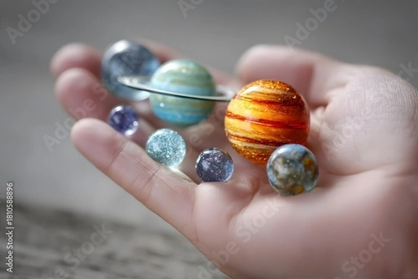 Obraz A hand holds small colorful model planets.