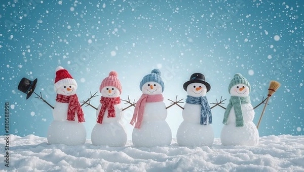 Obraz Happy Snowmen Standing in Winter Snowfall