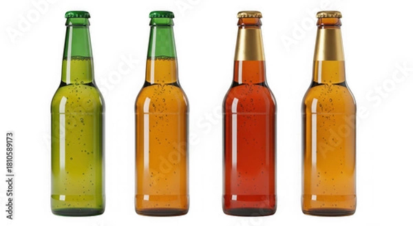 Fototapeta Four beer bottles of different colors isolated on transparent background