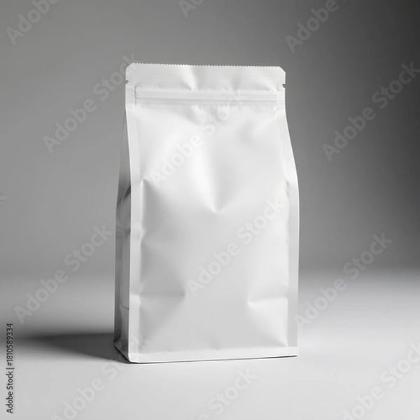 Obraz A plain white stand-up pouch bag standing upright on a smooth, neutral gray surface.