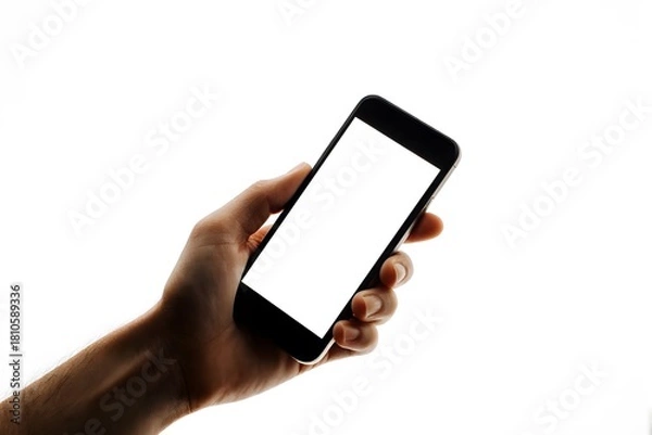 Obraz A hand holds a smartphone with a blank white screen.