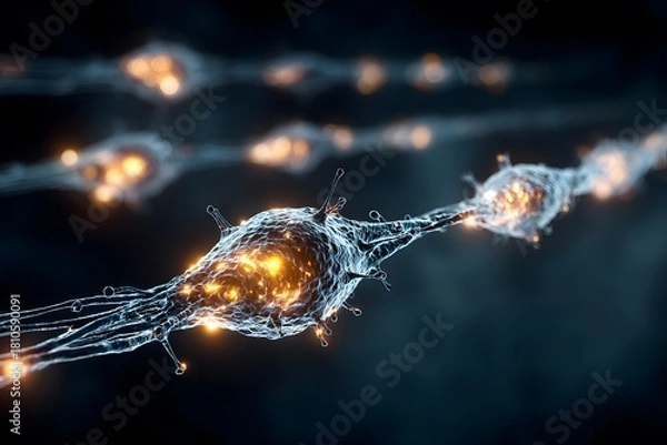 Obraz A glowing neuron transmits electrical signals in a dark, futuristic neural network.