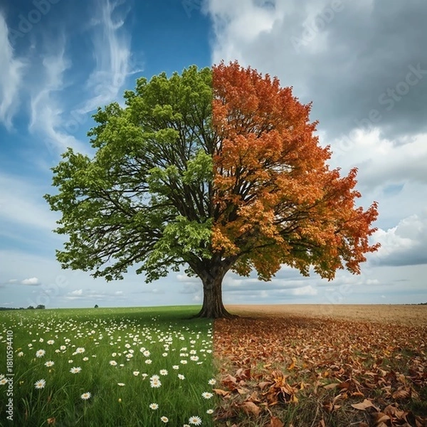 Obraz Tree displaying spring and autumn seasons