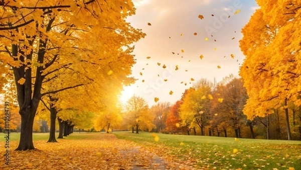 Obraz Autumn trees in park with falling leaves