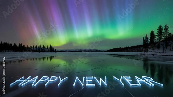 Fototapeta : Aurora borealis over frozen lake with Happy New Year text in icy blue and silhouetted forest at night