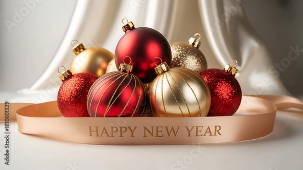 Fototapeta Festive Christmas ornaments with Happy New Year ribbon on satin backdrop in soft pastel arrangement