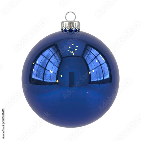 Obraz Glossy Blue Christmas Ornament Reflecting Indoor Windows and Lights Isolated on Black Background Studio Shot