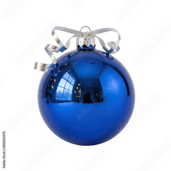 Obraz Glossy Blue Christmas Ornament with Silver Ribbon and Reflected Window Light on Black Background