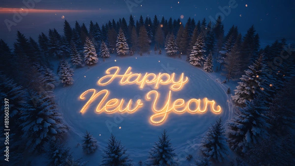 Fototapeta Glowing Happy New Year script in snowy forest clearing under dark blue winter night sky