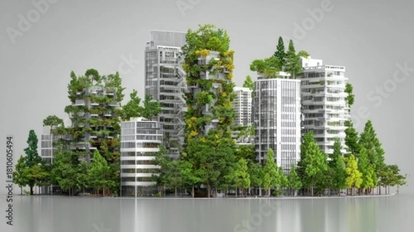 Fototapeta A futuristic cityscape with green trees and buildings, featuring a mix of modern and natural elements.