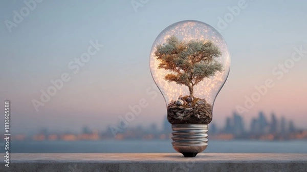 Fototapeta A light bulb with a tree inside, set against a cityscape at sunset.