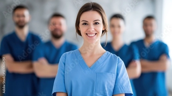 Fototapeta A smiling nurse standing in front of a group of healthcare professionals.