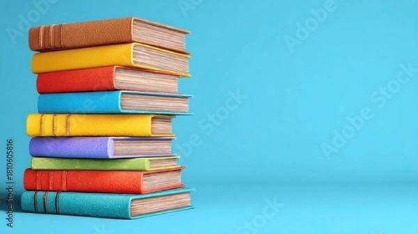 Fototapeta A stack of colorful books on a blue background.