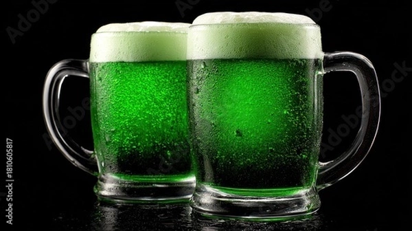 Obraz Two green beer mugs with frothy heads on a black background.