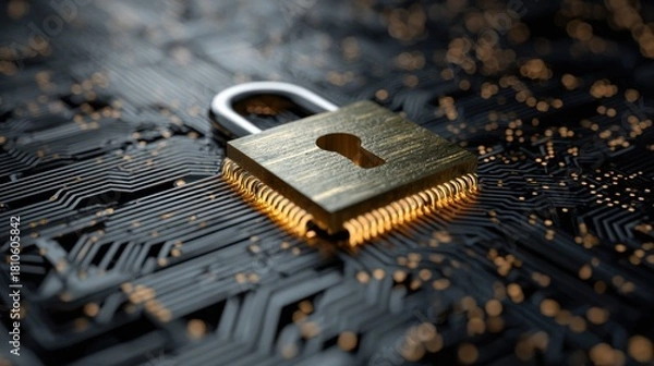 Fototapeta A golden padlock on a circuit board with a black background.