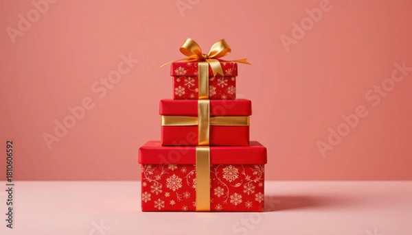 Fototapeta Festive red gift boxes stacked elegantly with gold ribbons against soft pink background create cheerful and inviting atmosphere, perfect for celebrations and holidays