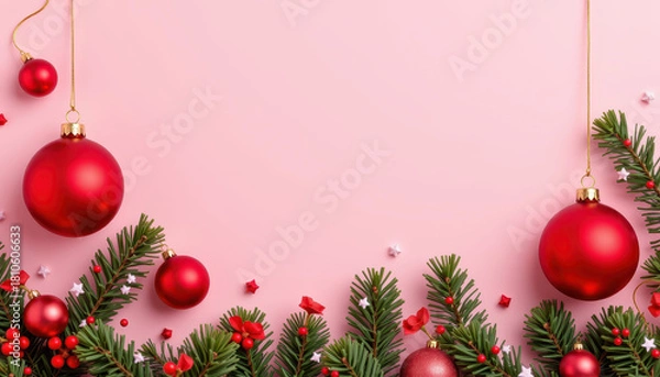Fototapeta Bright red Christmas ornaments hang gracefully among lush green pine branches, creating festive atmosphere perfect for holiday celebrations. vibrant colors evoke joy and warmth