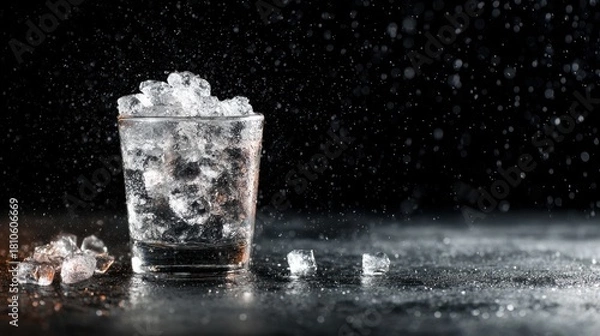 Fototapeta A glass of ice cubes on a dark surface with water droplets.