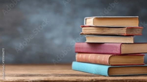 Fototapeta A stack of books on a wooden table with a dark background.