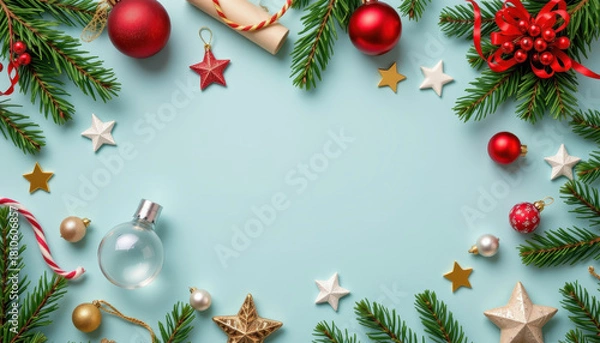 Obraz Holiday decorations create festive atmosphere with ornaments, stars, and greenery arranged beautifully on light blue background. scene evokes joy and celebration