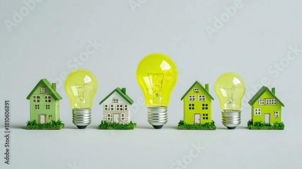 Fototapeta A row of green and yellow lightbulbs with green and yellow houses in front of them.