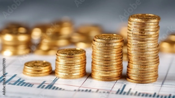 Fototapeta Stacks of gold coins on a financial graph.